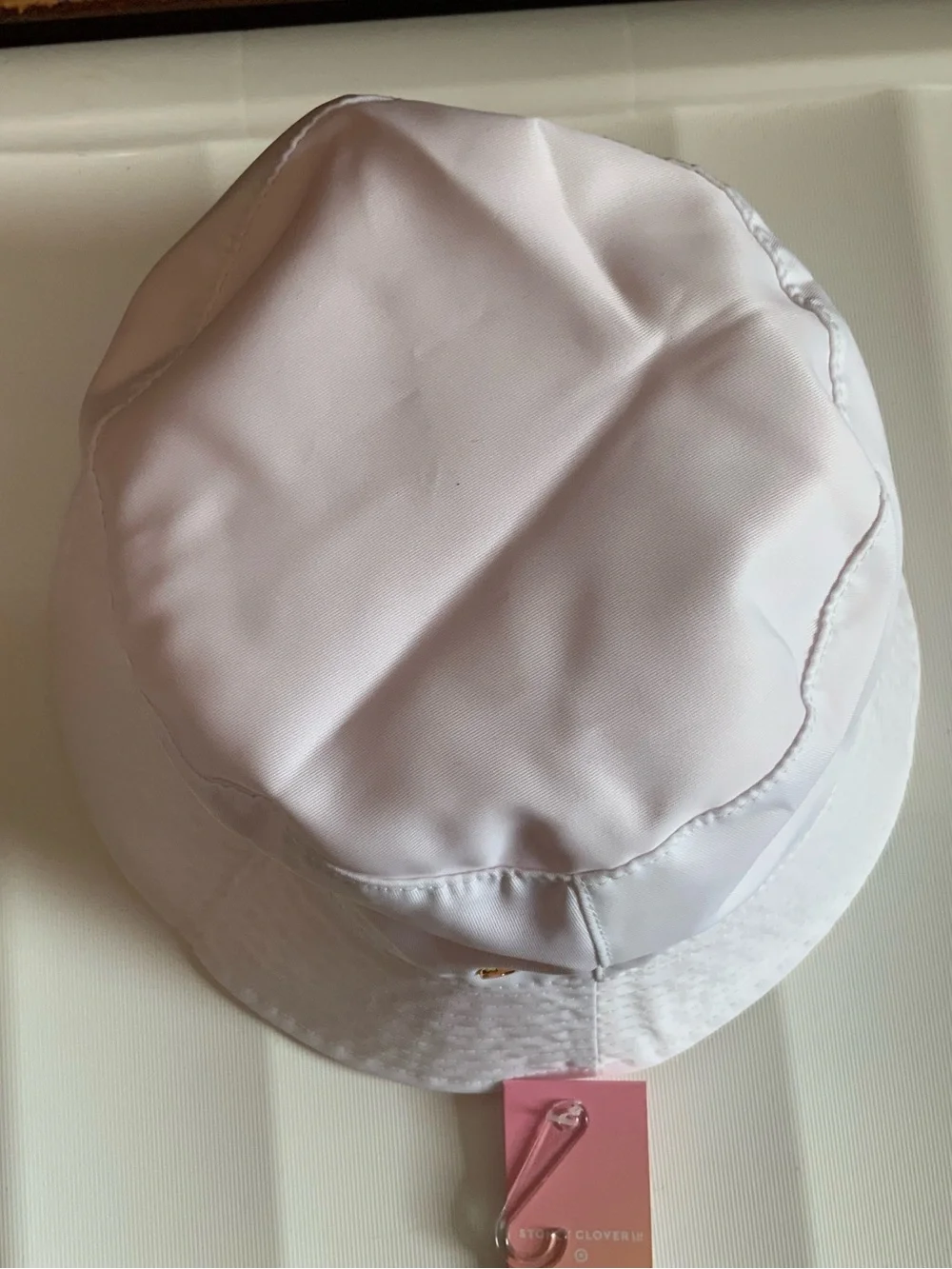 Stoney Clover Lane White/Pink Bucket Reversible Hat with Subtle Logo Tag